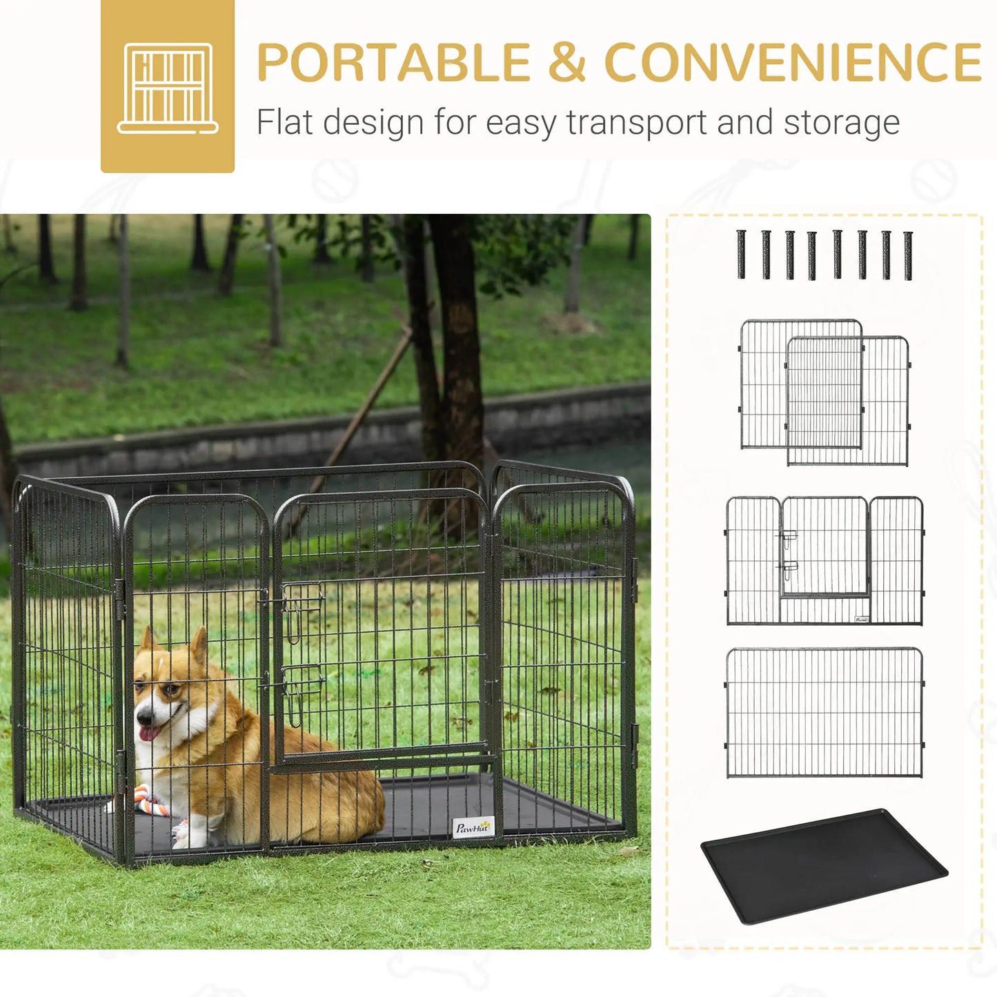 4 Panel Dog Playpen, 28" H Portable Pet Fence With Door, Tray, Grey Dog Cages & Crates at Gallery Canada