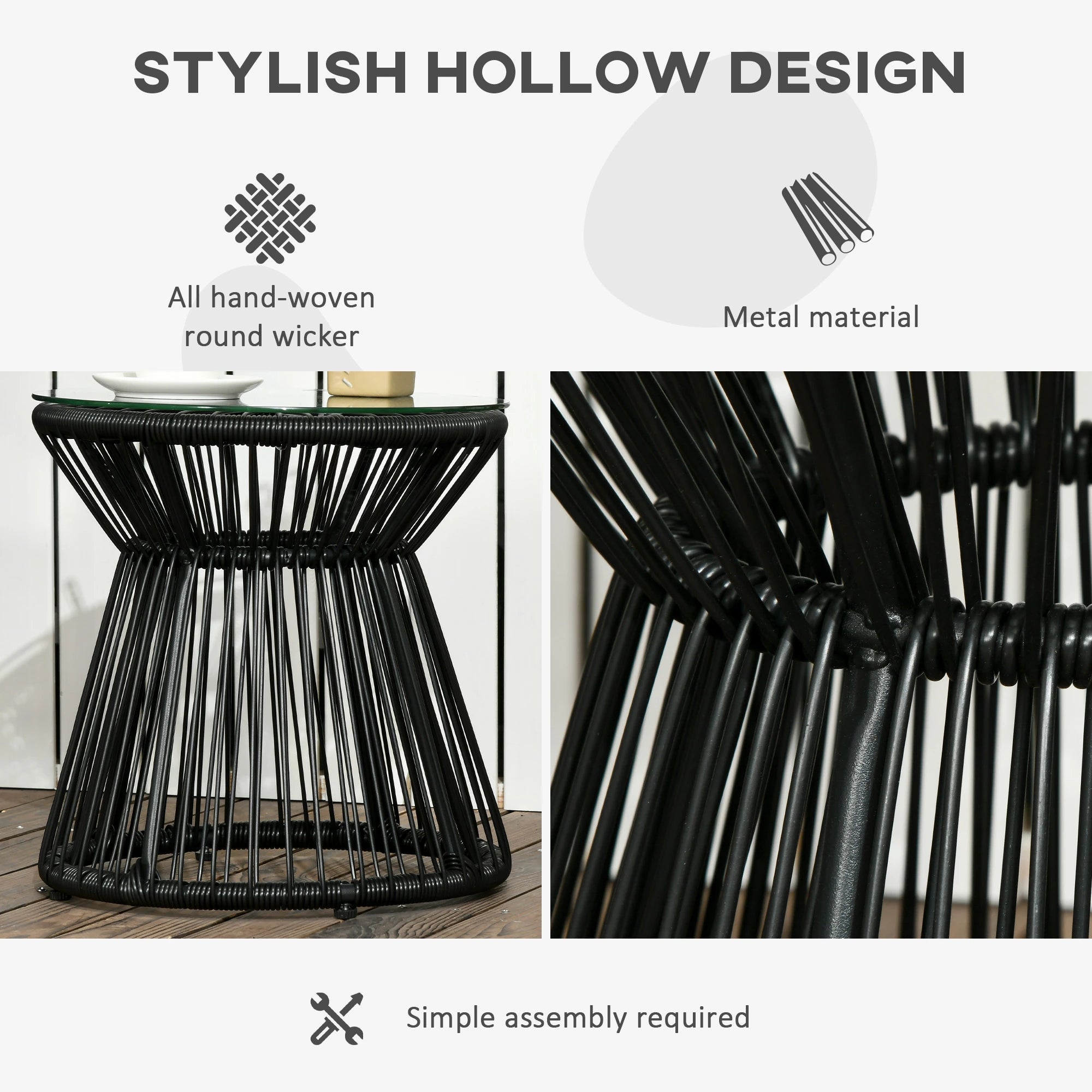 Round Rattan End Table, Hollow Drum Design, Glass Top, Black Patio Side Tables at Gallery Canada
