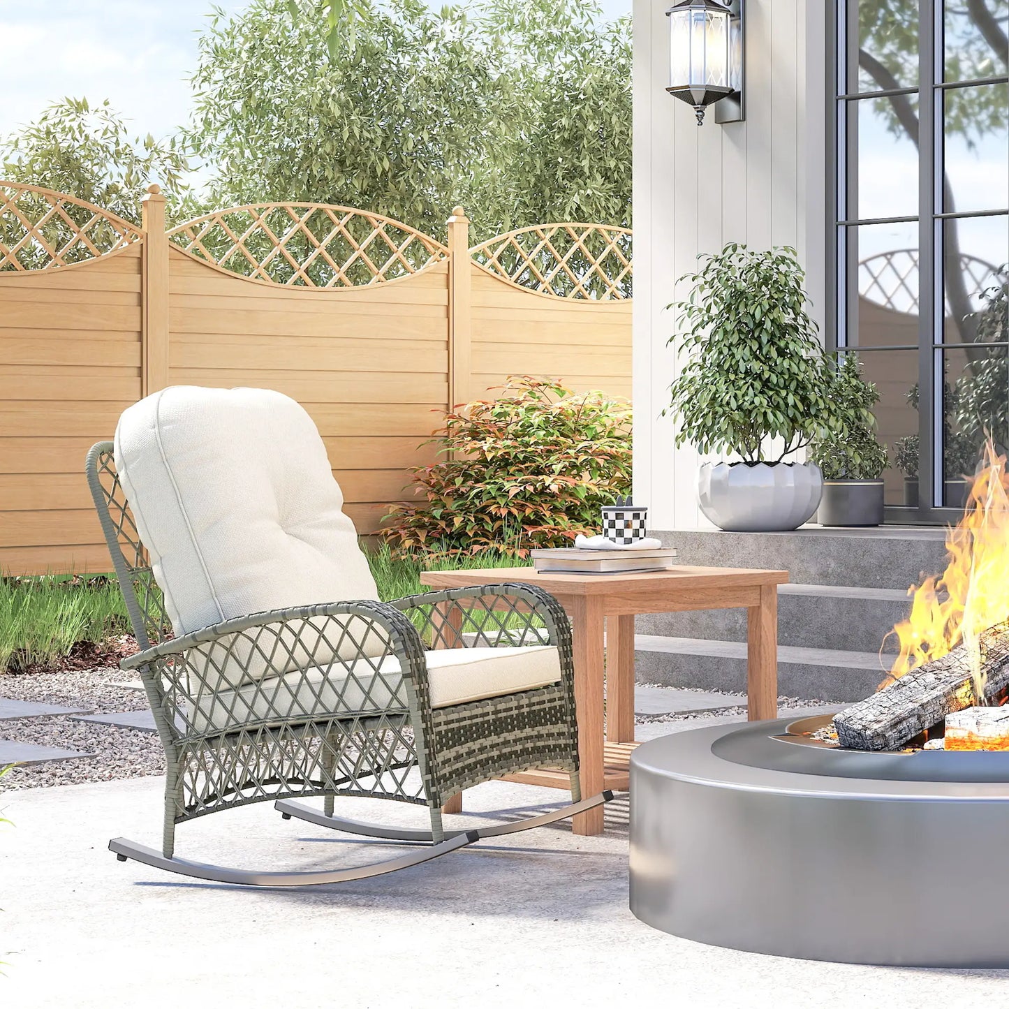 Rattan Rocking Chair, Outdoor Wicker Patio Rocker with Cushions, Khaki Outdoor Rocking Chairs at Gallery Canada