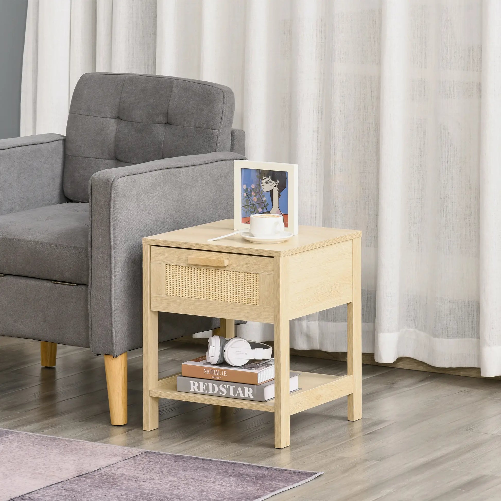 Narrow Nightstand with Rattan, Drawer, Storage Shelf, Natural Bedside Tables at Gallery Canada