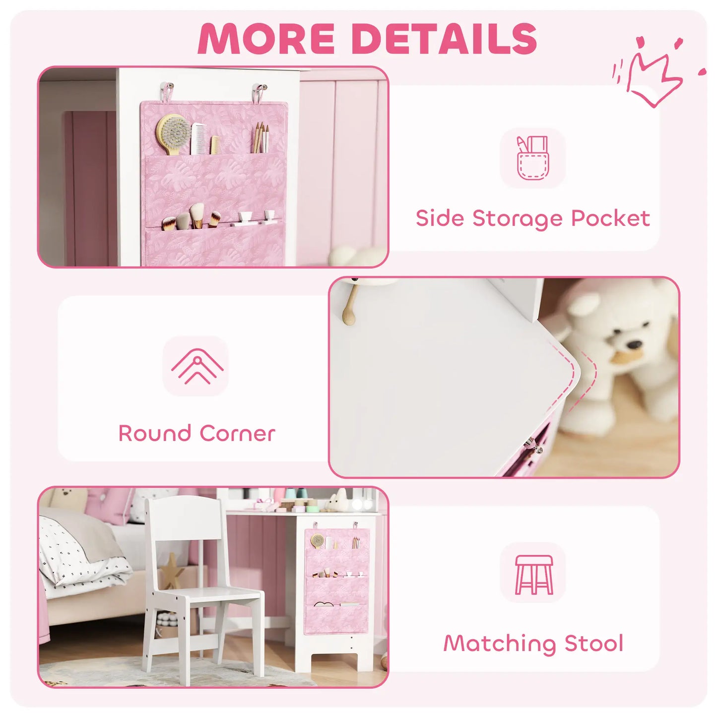 Kids Vanity Table and Chair Set with Lights, Tri-Fold Mirror, White Kids Bedroom Furniture at Gallery Canada