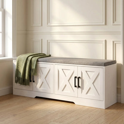 Shoe Bench With Cushion, Adjustable Shelves, White