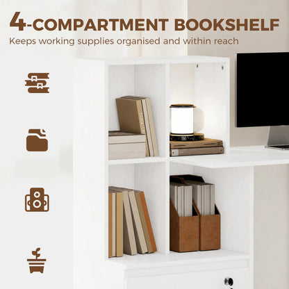 Bureau d'ordinateur avec bibliothèque et tiroir classeur, grain de bois blanc, blanc