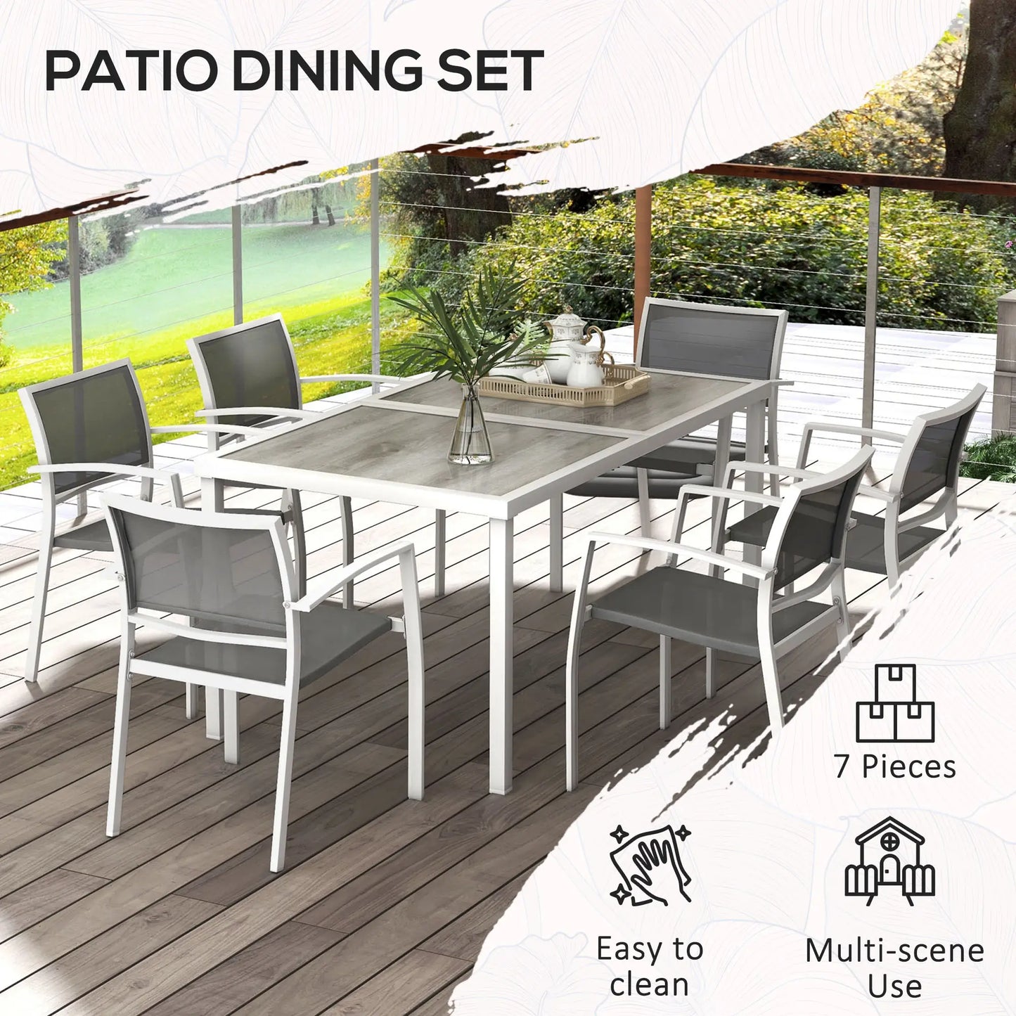 7 Pieces Outdoor Dining Set with 6 Stackable Chairs, Patio Table and Chairs with Plastic Top, Breathable Mesh Seat Back Outdoor Dining Sets at Gallery Canada