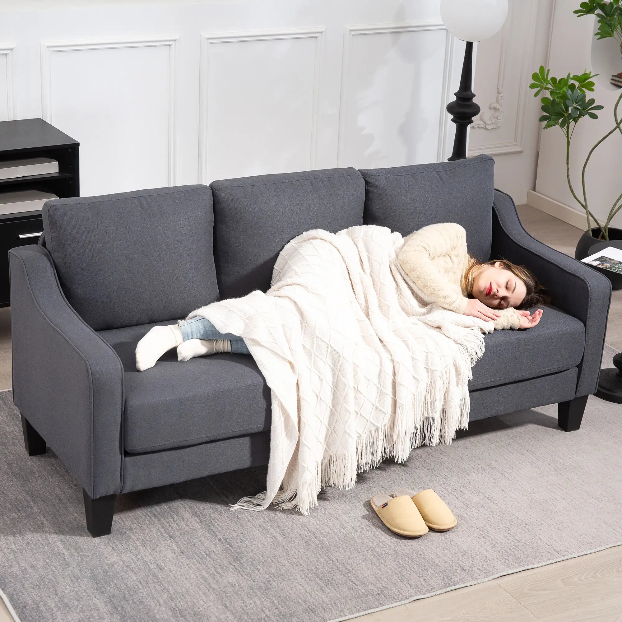 3 Seater Sofa, Modern Pocket Spring Couch, Linen Upholstered, Charcoal Grey 3-Seater Sofas at Gallery Canada