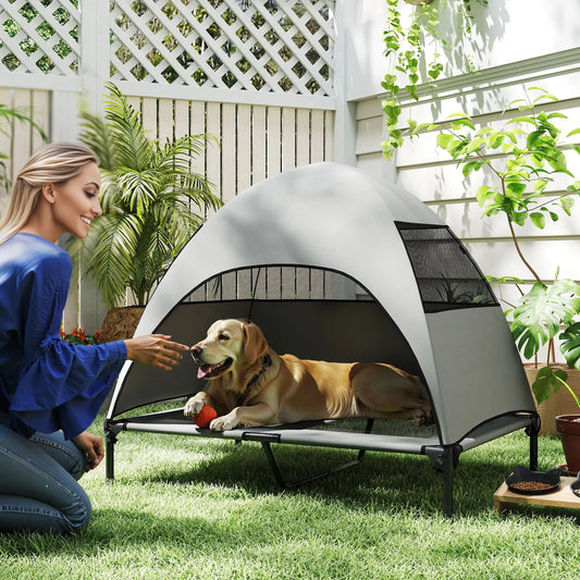 Elevated Dog Bed With Canopy, Washable Mesh, Steel Frame, 41.7" x 29.9" x 39", Light Grey Elevated Dog Beds Light Grey, Black at Gallery Canada