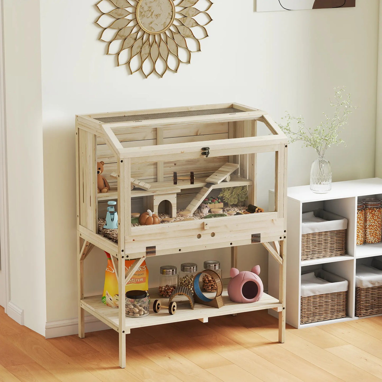 Cage en bois pour hamster, dessus ouvrable, biberon d'eau, panneaux transparents, transparent