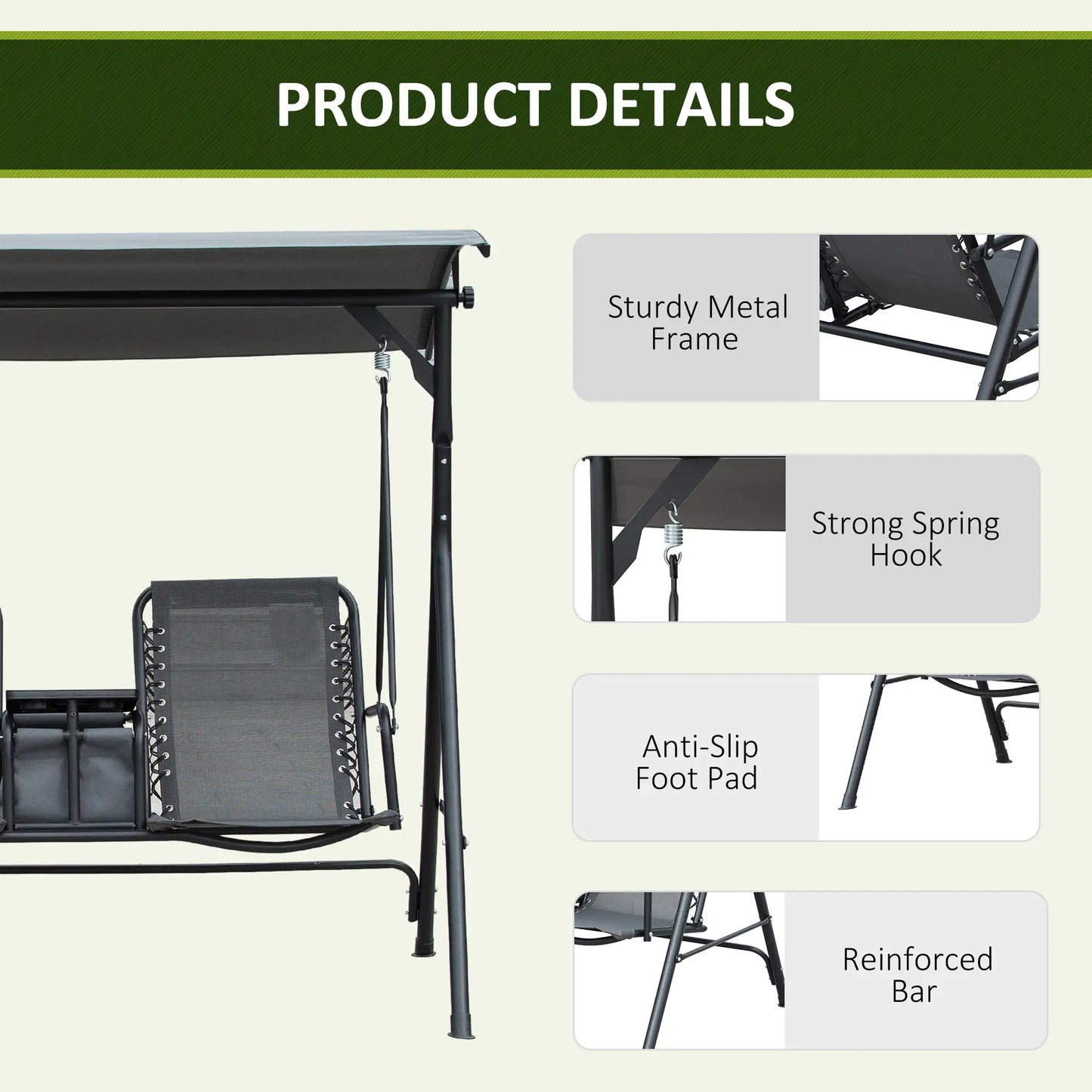 2 Person Porch Swing with Storage Table, Cup Holder, Canopy, Grey Patio Swings with Stand at Gallery Canada