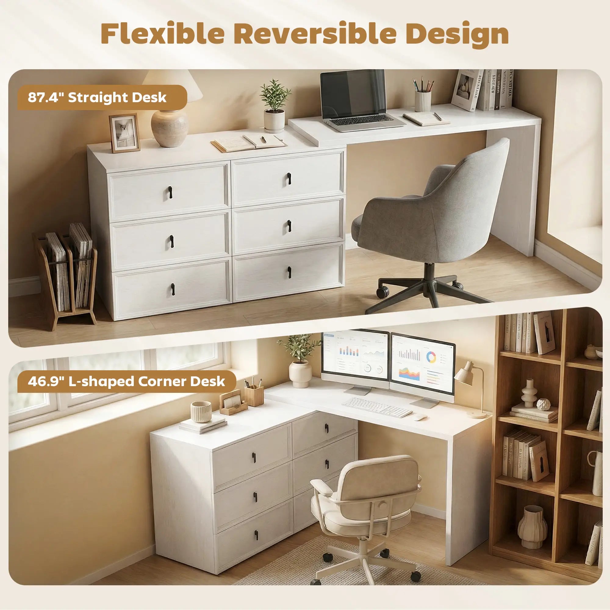 L Shaped Computer Desk, 6 Drawers, White Wood Grain, White Computer Desks at Gallery Canada