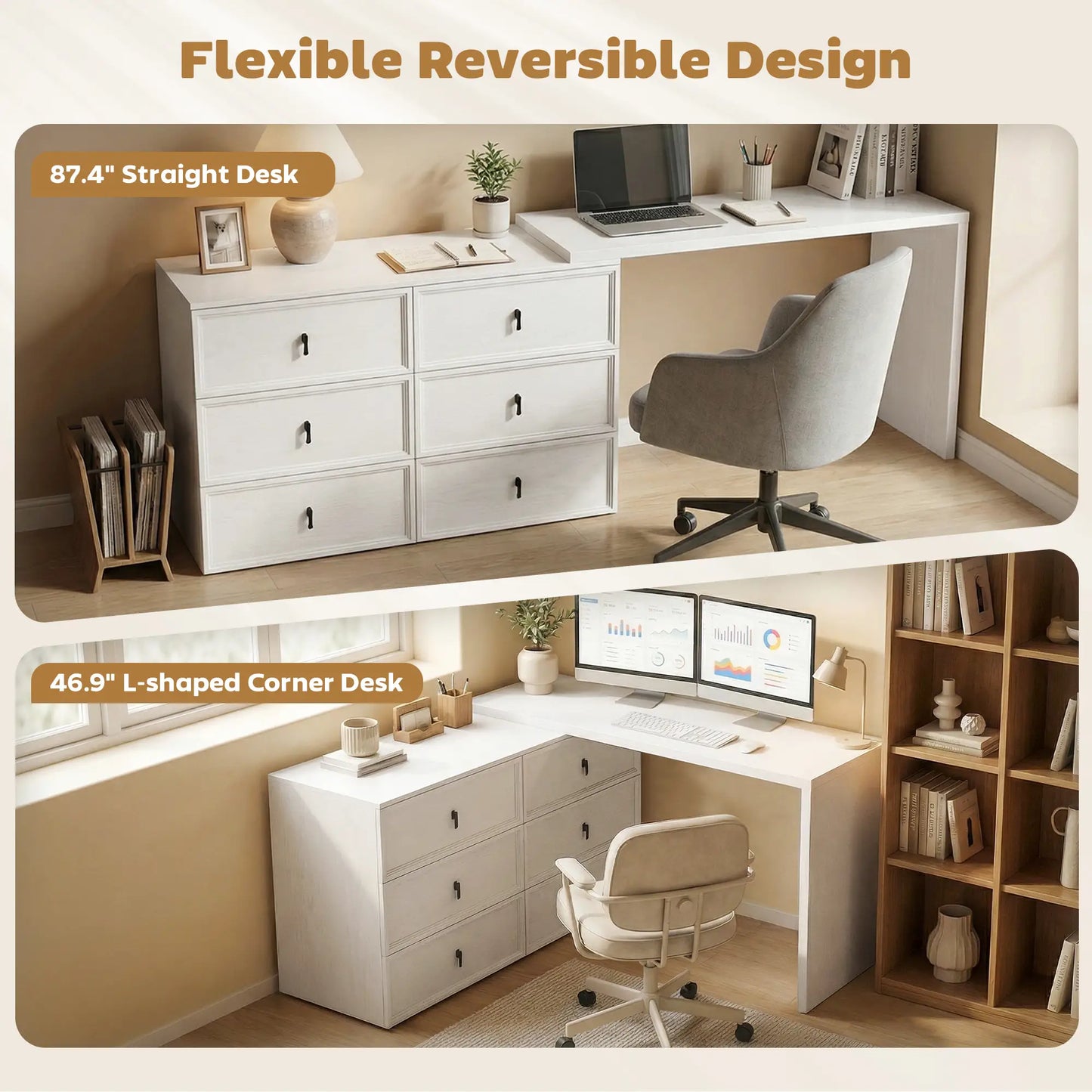 L Shaped Computer Desk, 6 Drawers, White Wood Grain, White Computer Desks at Gallery Canada
