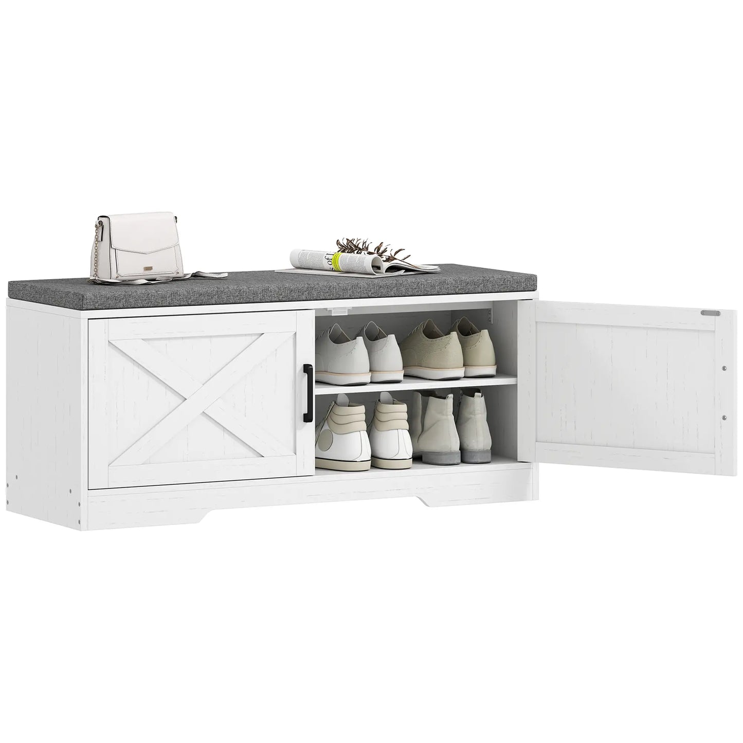 Shoe Bench With Cushion, Adjustable Shelves, Doors, White