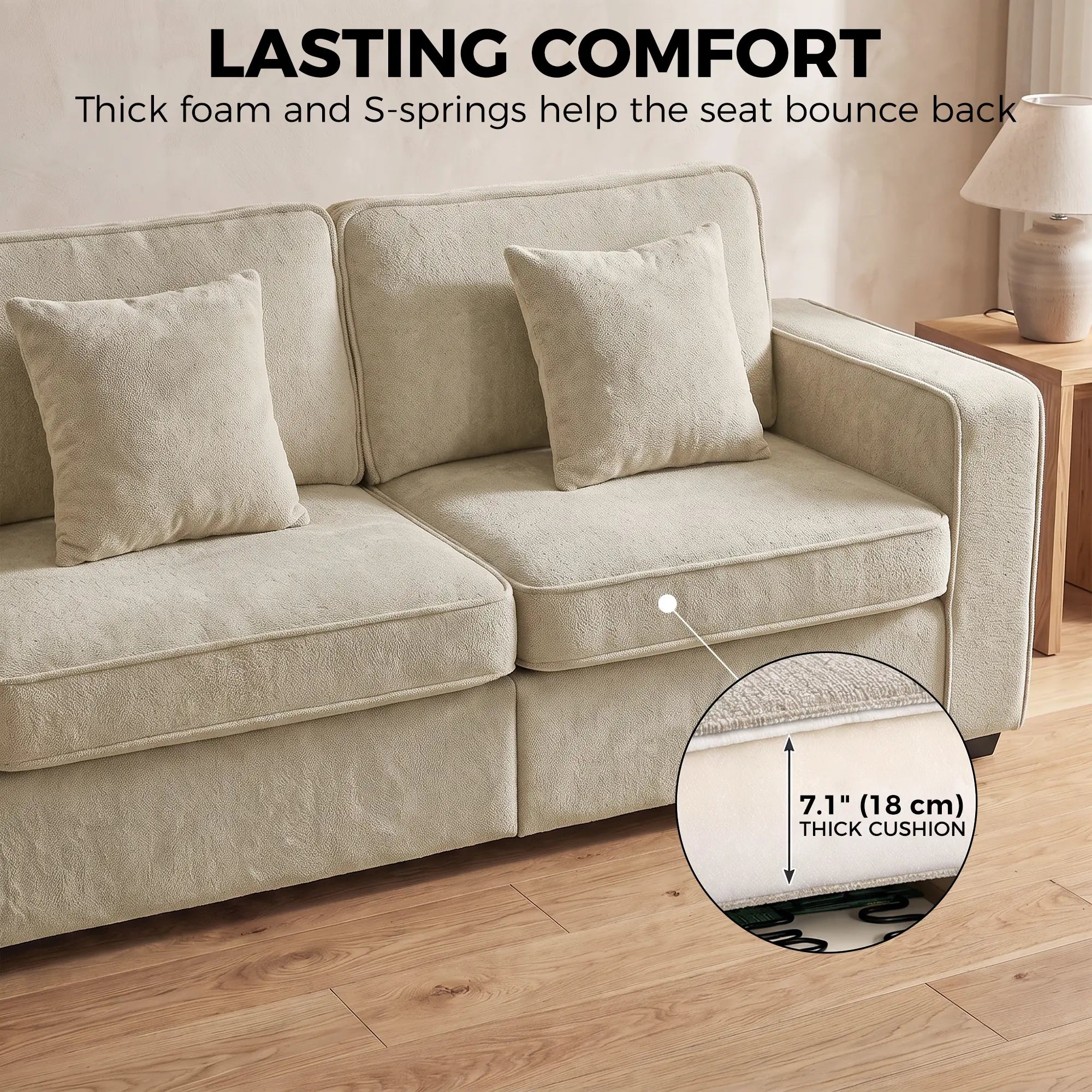 3 Seater Sofa, Thick Cushion, Wide Deep Seat, 2 Pillows, Light Brown 3-Seater Sofas at Gallery Canada