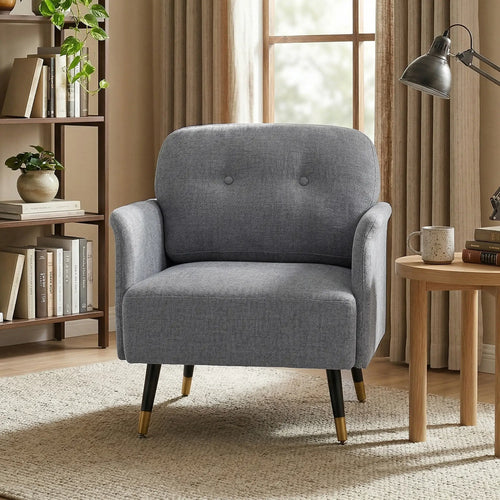 Modern Tufted Accent Chair, Metal Legs, Upholstered Reading Armchair, Grey