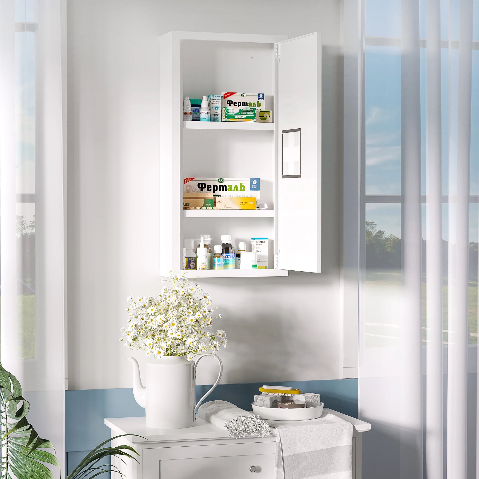 Wall Mount Medicine Cabinet, 2 Shelves, Steel Frame, Magnetic Door, White Mirror Medicine Cabinets at Gallery Canada