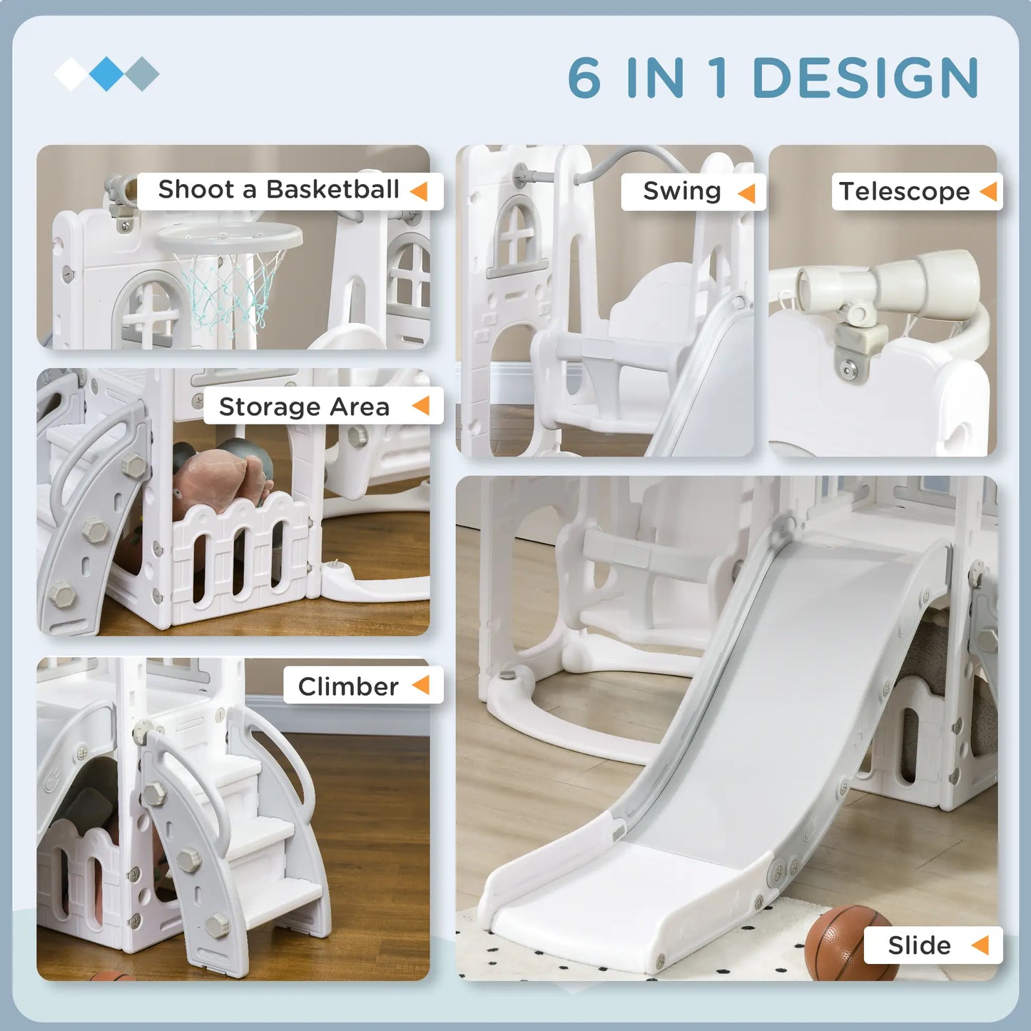 6-in-1 Baby Swing Playset, Indoor with Basketball Hoop, Climber, Grey Gym Sets & Swings at Gallery Canada