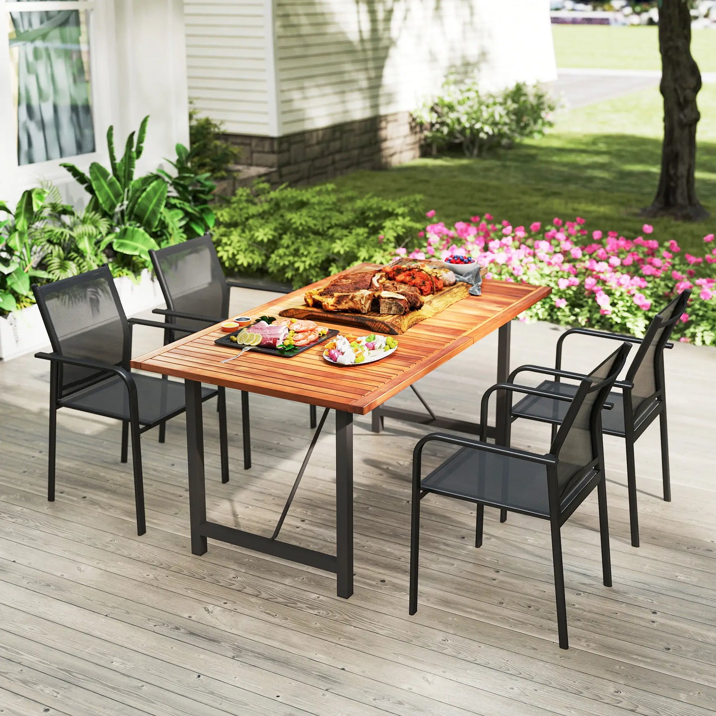 Stackable Patio Chairs Set of 4, 20" Deep Seat, All Weather Mesh, Black Outdoor Dining Sets at Gallery Canada