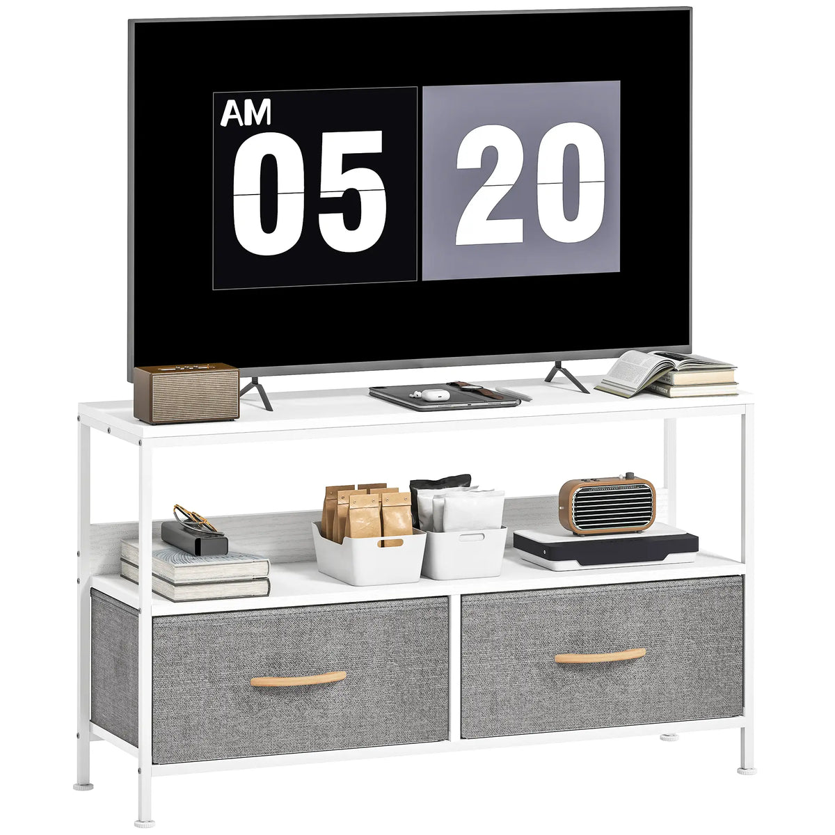 Meuble TV avec Station de Recharge, 2 Tiroirs Pliables, Étagère Ouverte, 47 Pouces, Blanc