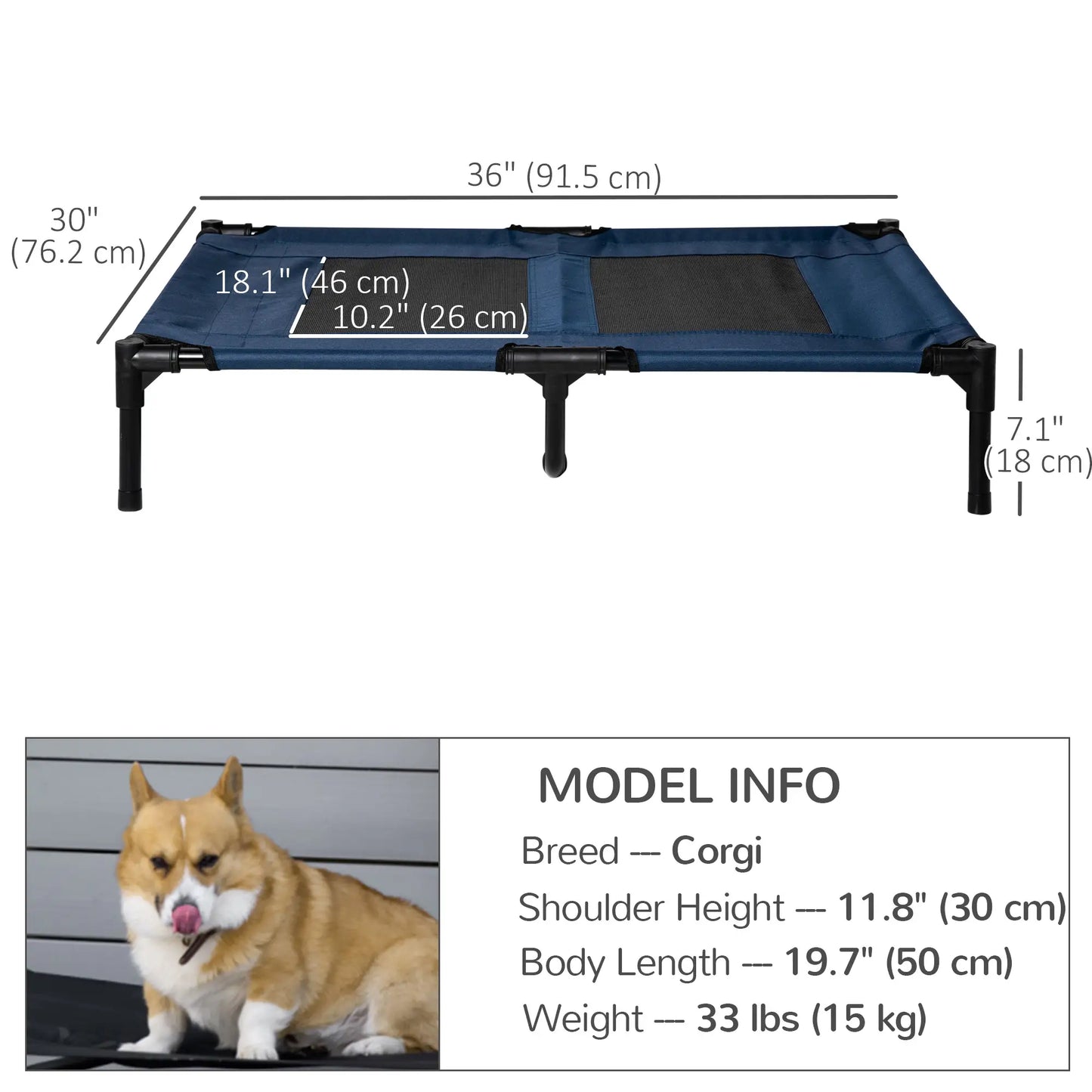 Elevated Dog Bed, XL Dog Cot, 36" x 30" x 7", Blue Elevated Dog Beds at Gallery Canada