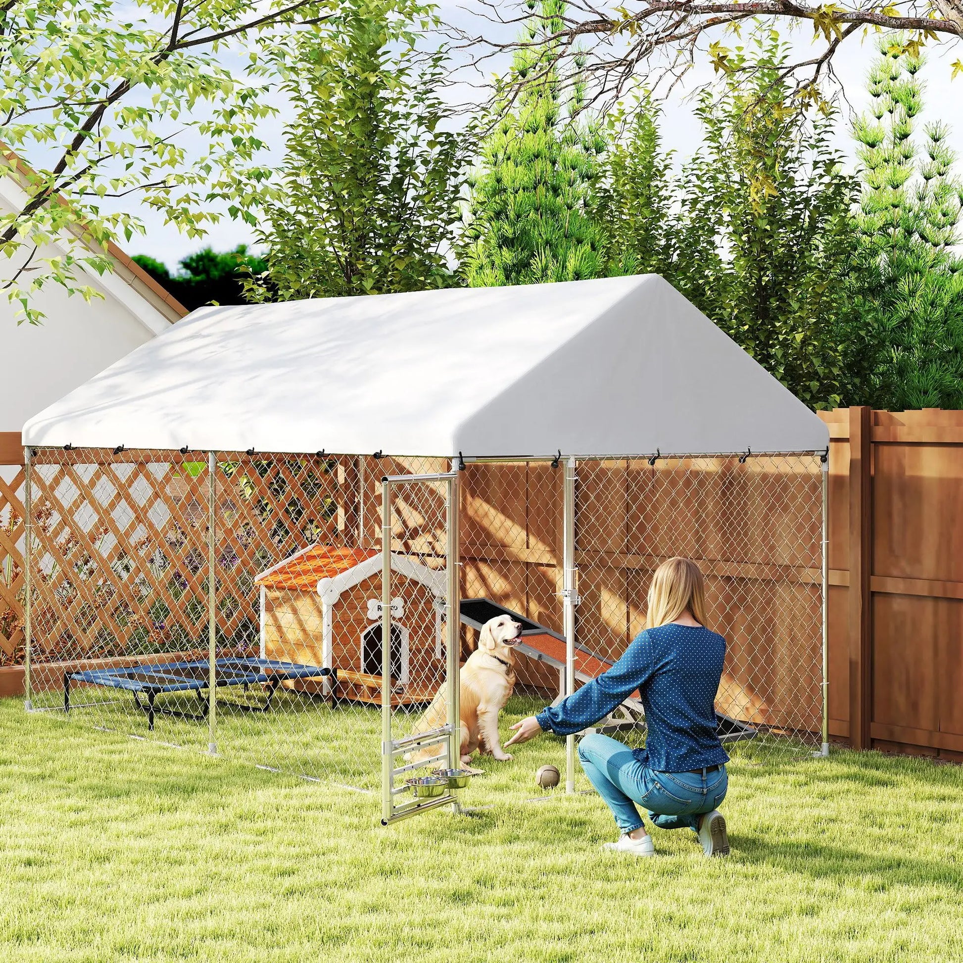 Outdoor Dog Run, Adjustable Bowls, Waterproof Cover, Escape-Proof Lock, 13.1' x 7.5' x 7.5' Houses, Kennels & Pens at Gallery Canada