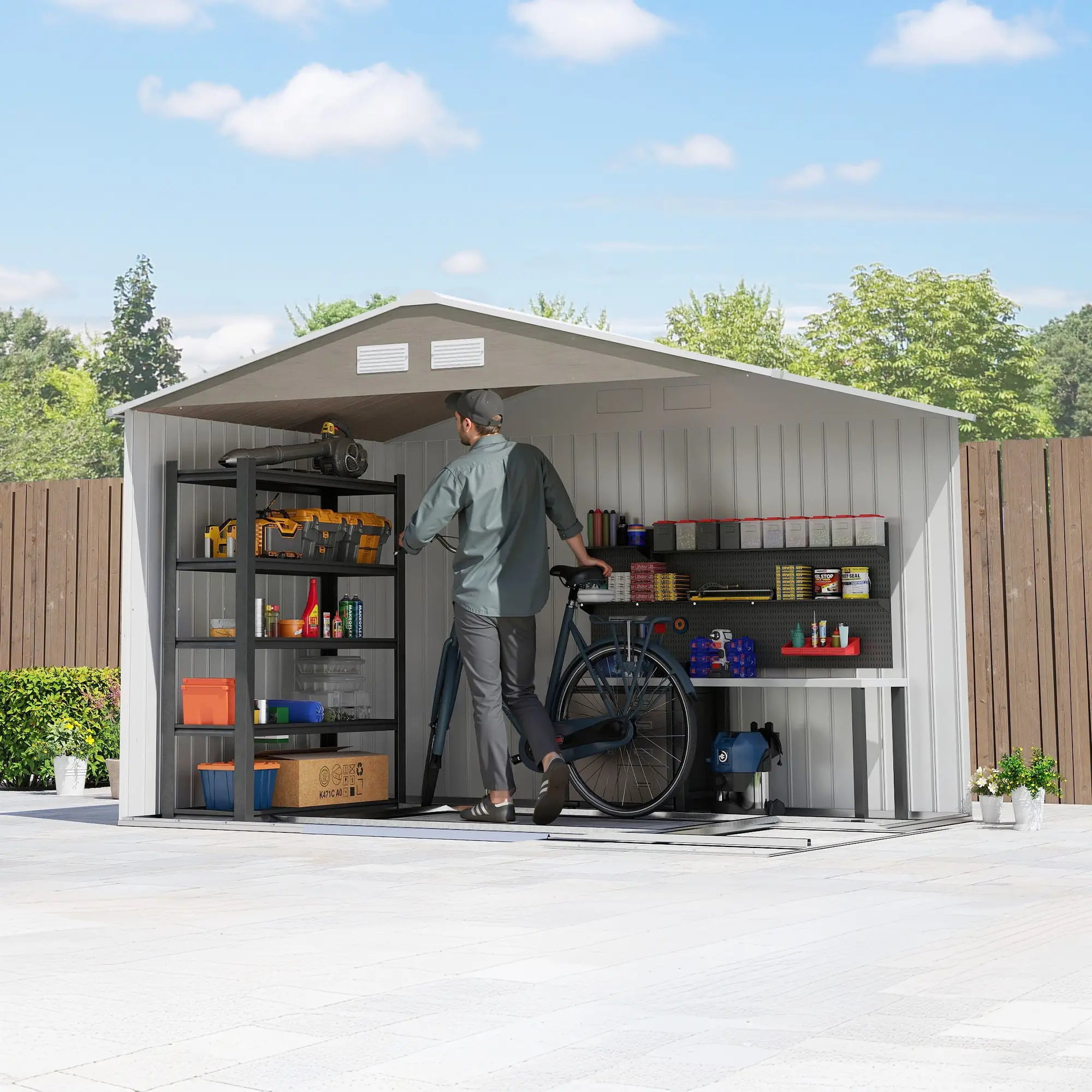 9.1'x6.4'x6.3' Garden Storage Shed, Foundation Kit, Metal Tool House, Double Doors, Light Brown Sheds at Gallery Canada