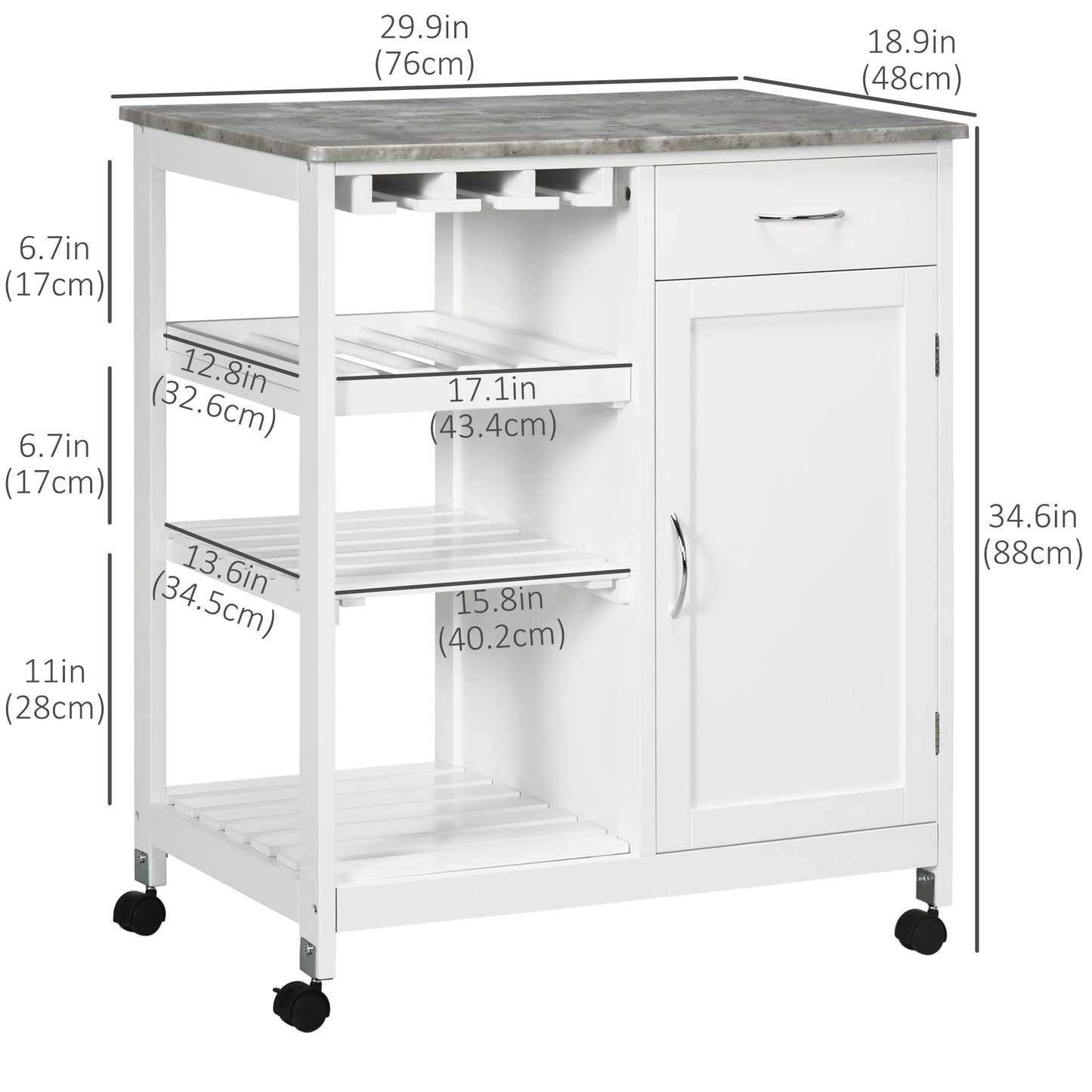 Rolling Kitchen Cart, Bar Cart with Wine Rack, Drawer, Shelves, White Kitchen Islands & Kitchen Carts at Gallery Canada