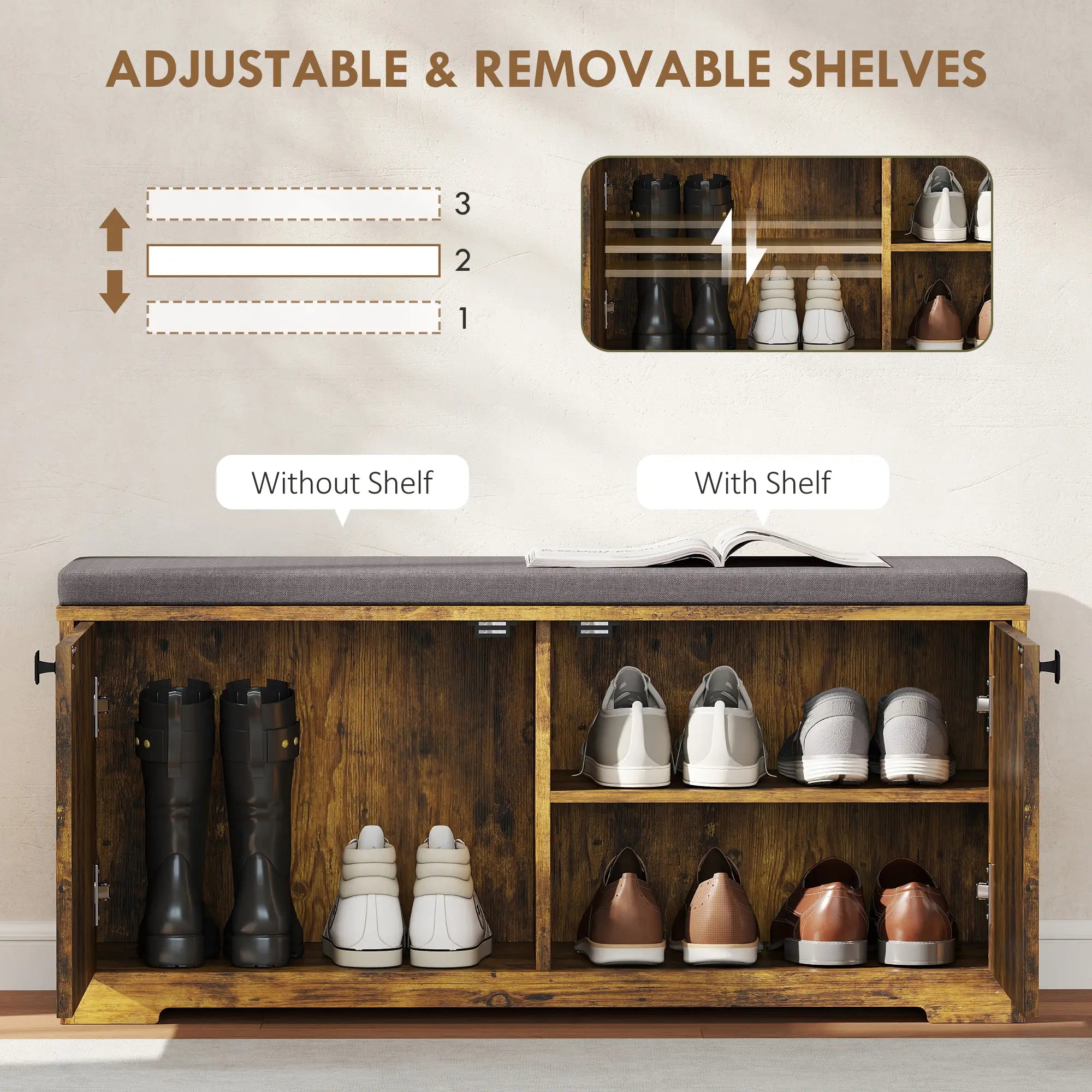 Shoe Storage Bench with Padded Seat, 8 Pairs, Rustic Brown, Brown Shoe Storage Cabinets & Racks at Gallery Canada