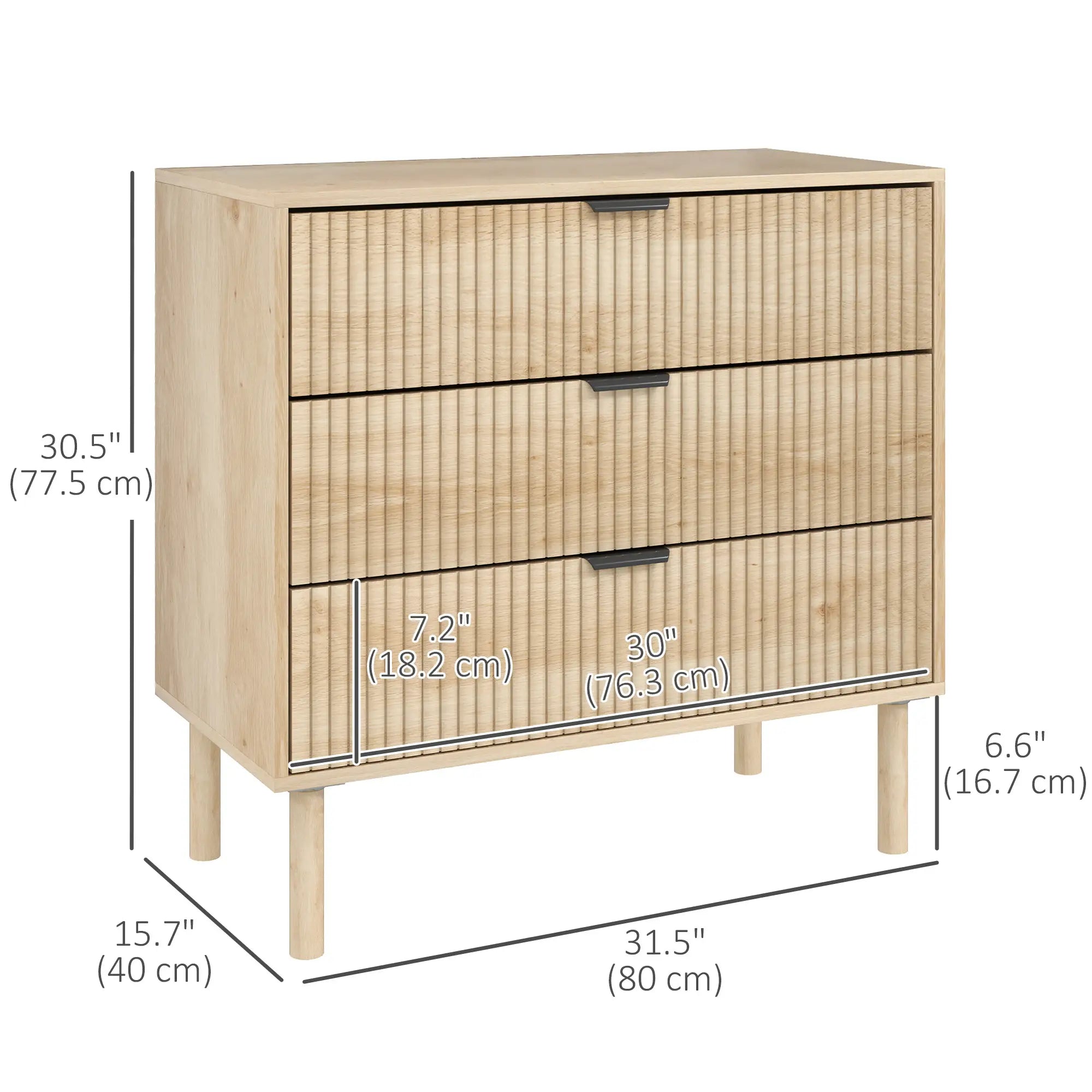 3 Drawer Dresser, Fluted Panels, Solid Wood Legs, Oak Storage Cabinets at Gallery Canada