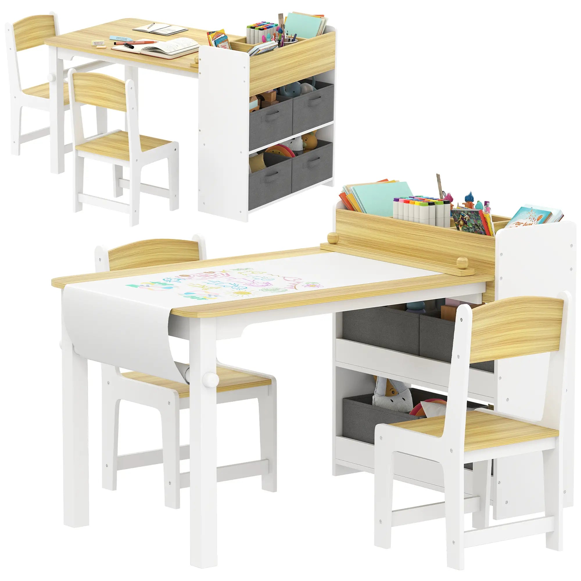 Kids Table and Chairs Set, Toddler Art Table with Paper Roll, Storage, Natural Wood Kids Table Sets at Gallery Canada
