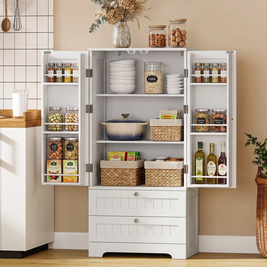47" Tall Farmhouse Pantry Cabinet, 6 Door Racks, 2 Drawers, White Kitchen Pantry Cabinets White at Gallery Canada