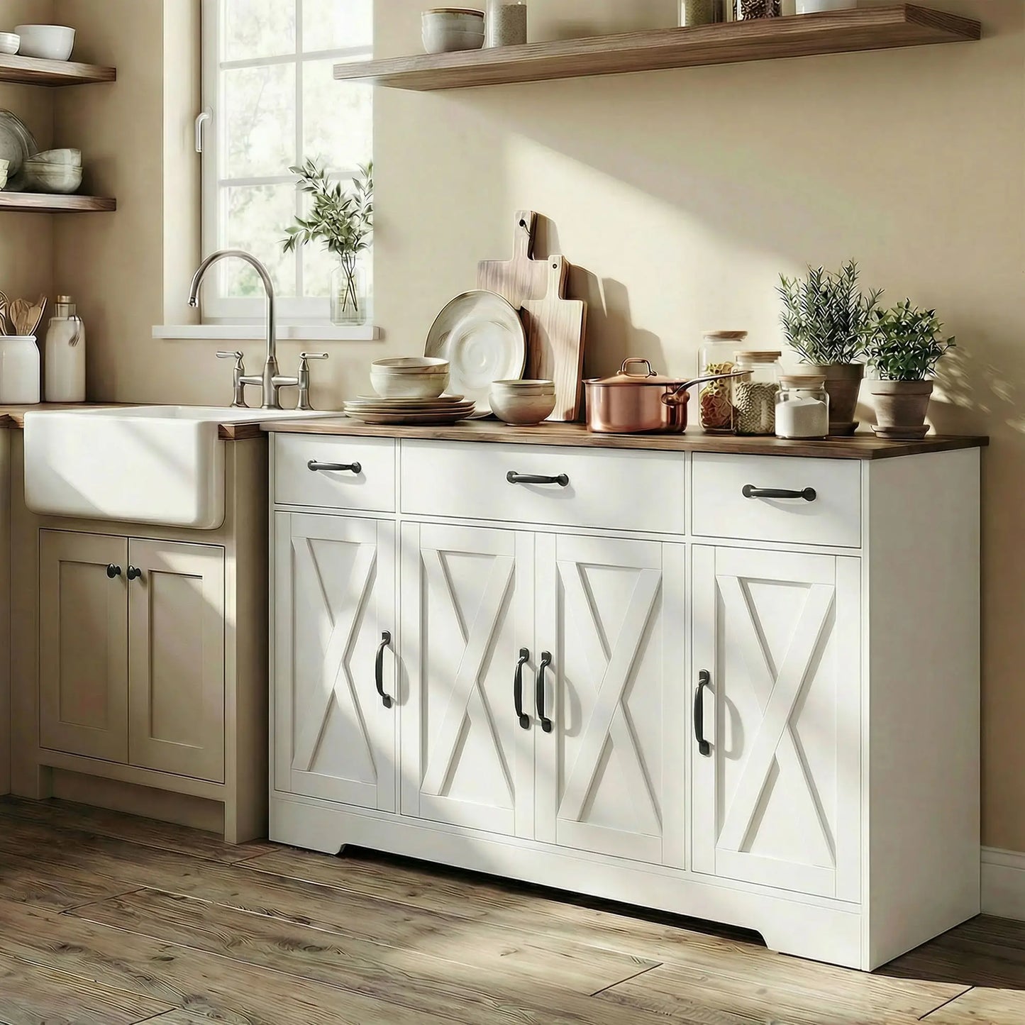 55" White Sideboard Buffet Cabinet, Farmhouse Kitchen With Barn Doors, White Bar Cabinets at Gallery Canada