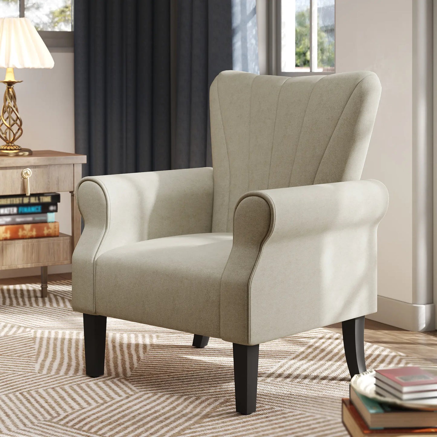 Modern Fabric Armchair with Wood Legs, Living Room, Bedroom, Beige Accent Chairs at Gallery Canada