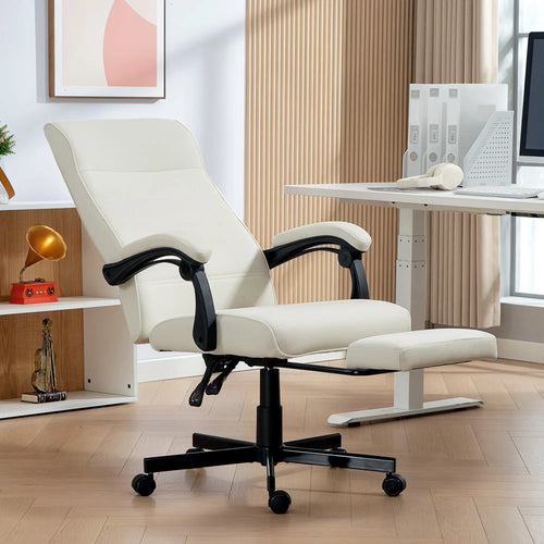 High Back Swivel Recliner Chair, Adjustable Height, Footrest, Cream White