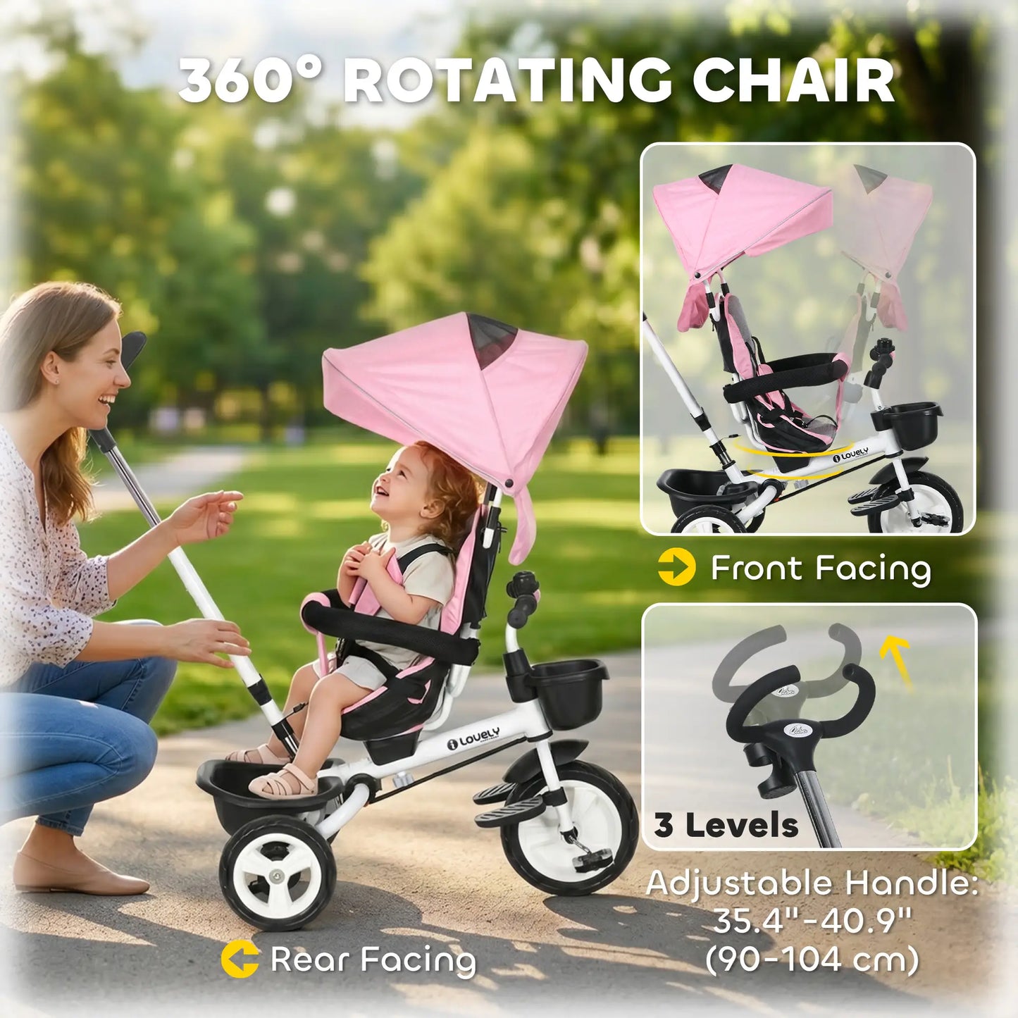 6 in 1 Toddler Tricycle, Parent Push Handle, Canopy, Storage Baskets, Pink Tricycles for Kids at Gallery Canada