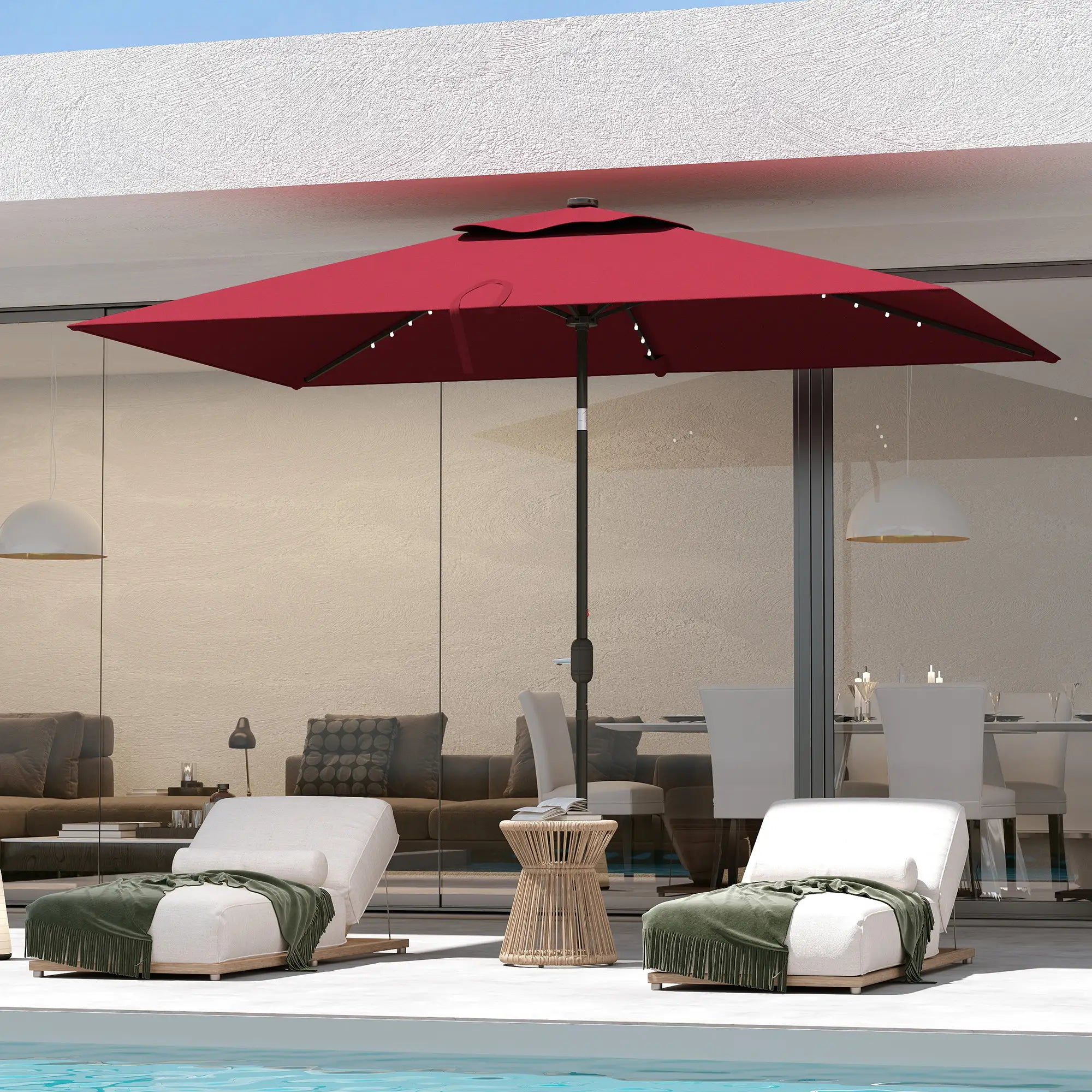6' x 10' Rectangular Patio Umbrella, 22 LED Solar Lights, Tilt, Crank, Wine Red Sun Umbrellas at Gallery Canada