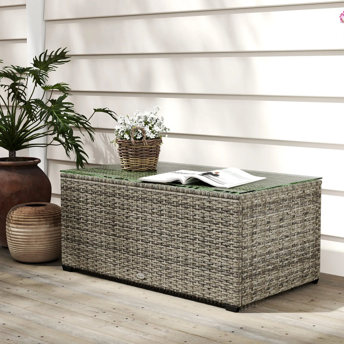 PE Wicker Outdoor Coffee Table, Rectangular Patio Table With Tempered Glass Top, Dark Grey Patio Side Tables at Gallery Canada