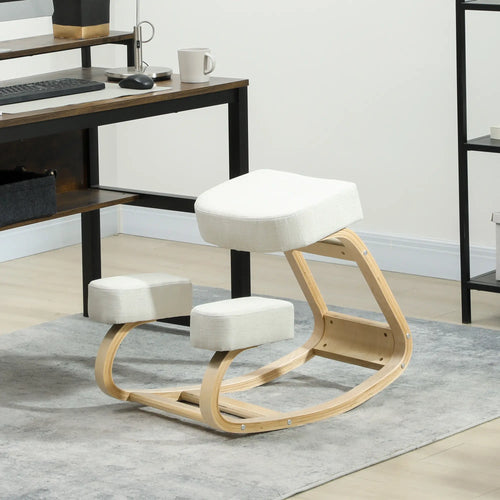 Ergonomic Kneeling Chair, Wood Stool with Thick Pads, Cream White