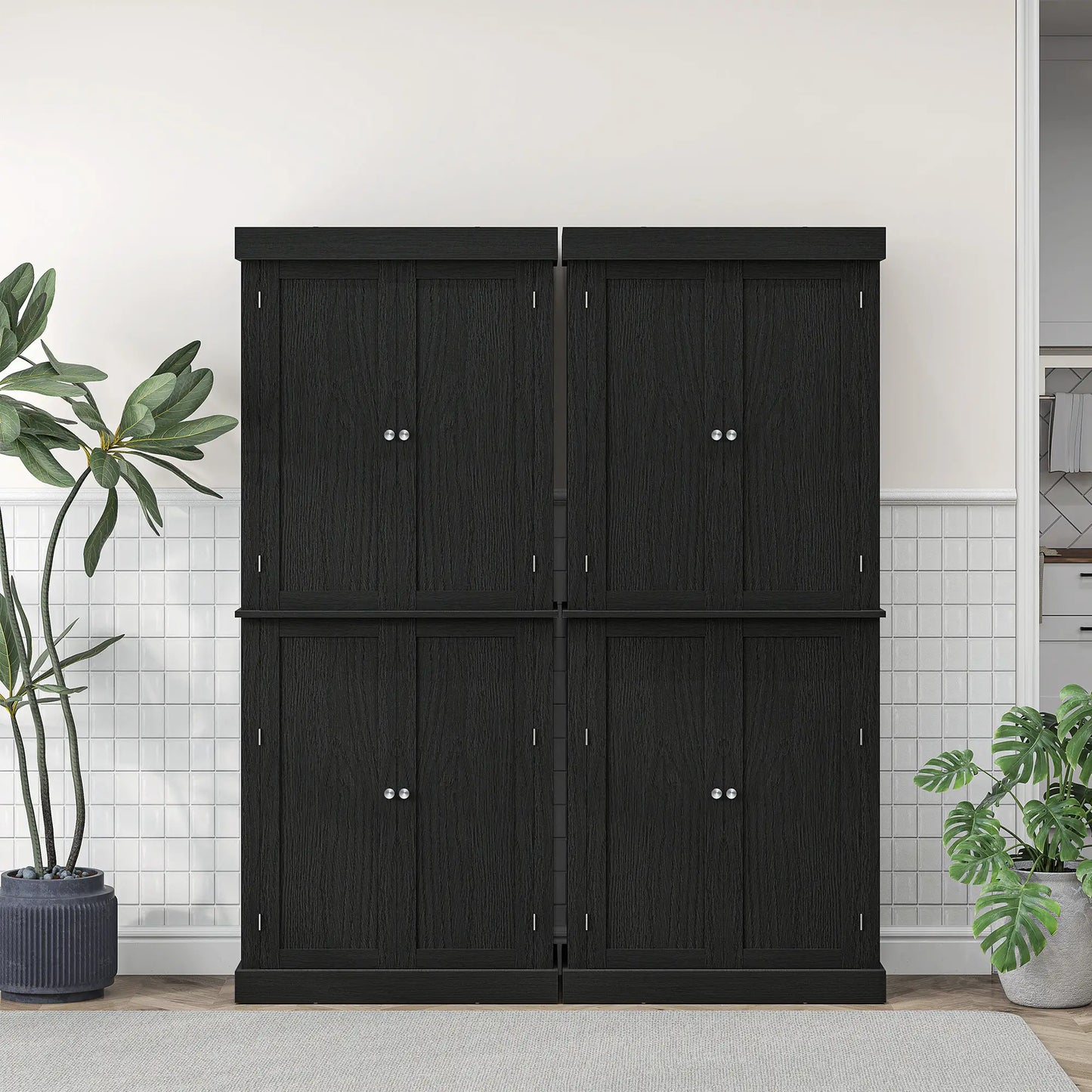 72.5" Freestanding Kitchen Pantry, 4 Doors, Black Kitchen Pantry Cabinets at Gallery Canada