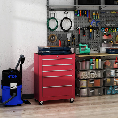 5-Drawer Rolling Tool Cabinet, Lockable Tool Chest, Red