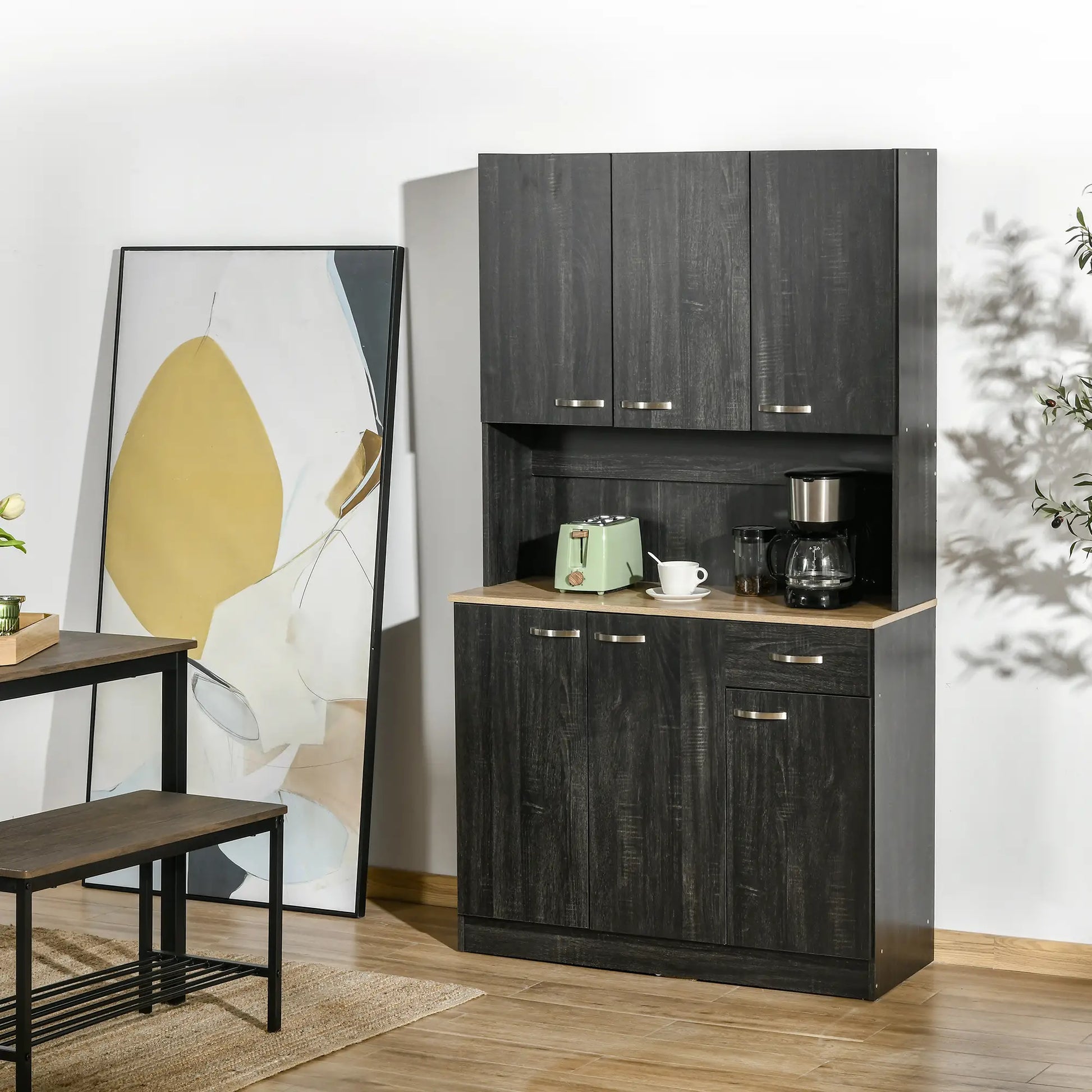 71" Kitchen Buffet with Hutch, Freestanding Cabinet, Black Kitchen Pantry Cabinets at Gallery Canada