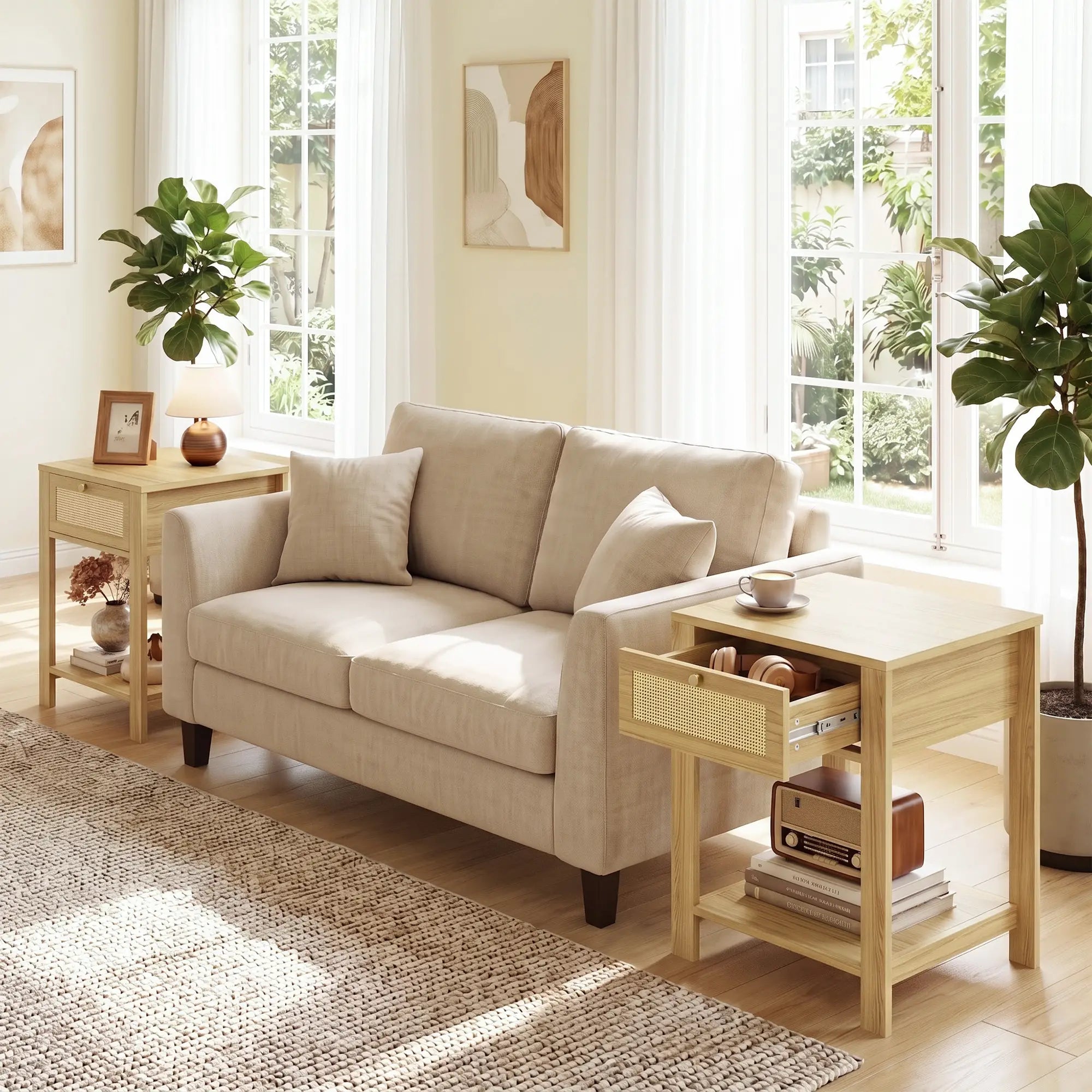 Nightstand Set of 2 With Drawer & Shelf, Natural Wood, Natural Wood Side Tables at Gallery Canada
