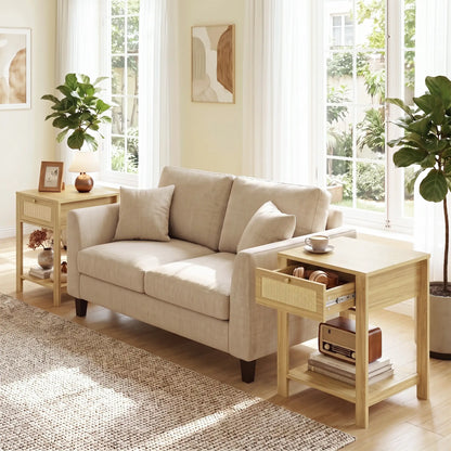 Nightstand Set of 2 With Drawer & Shelf, Natural Wood, Natural Wood Side Tables at Gallery Canada