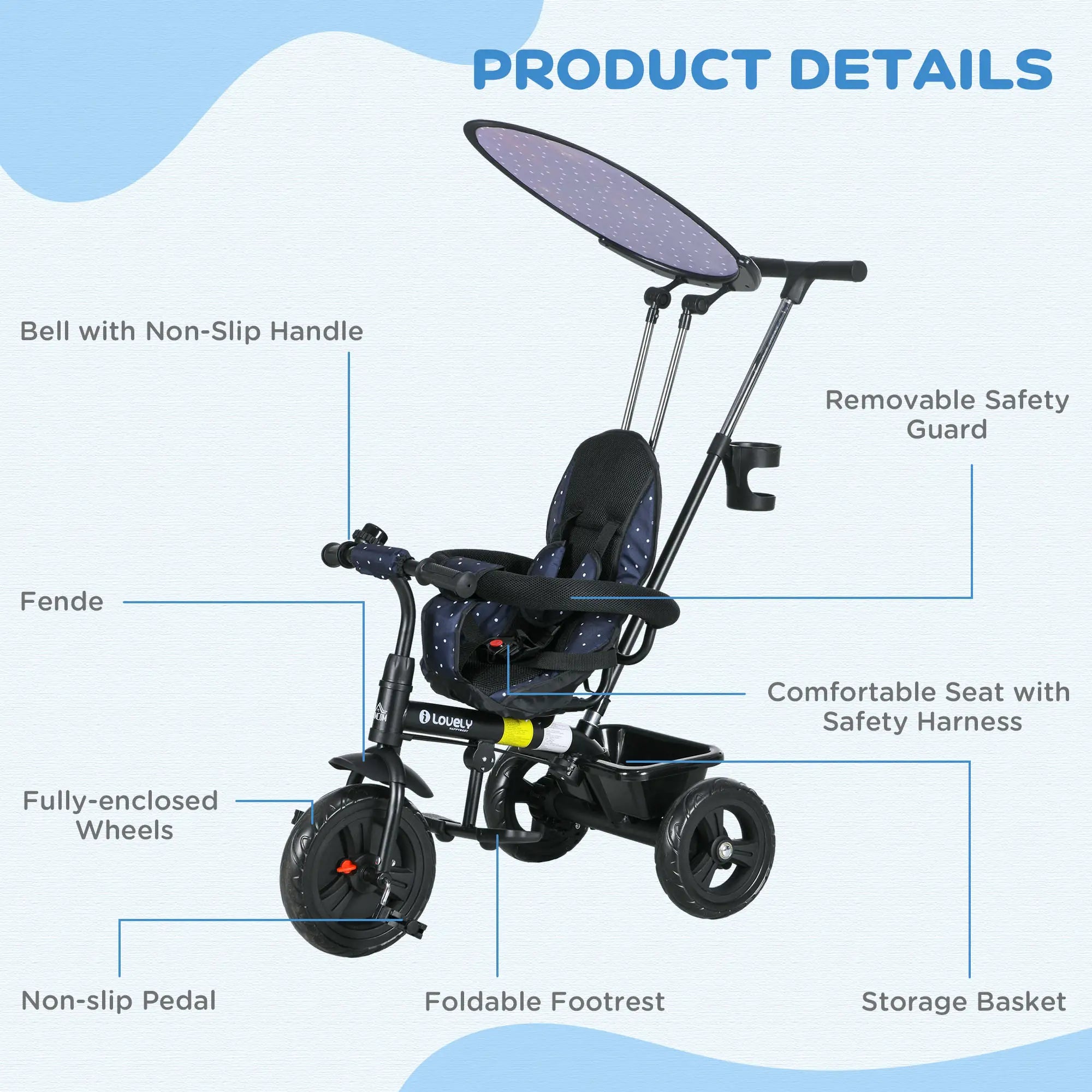 6 in 1 Kids Tricycle, Removable Handlebar, Canopy, Navy Blue Tricycles for Kids at Gallery Canada