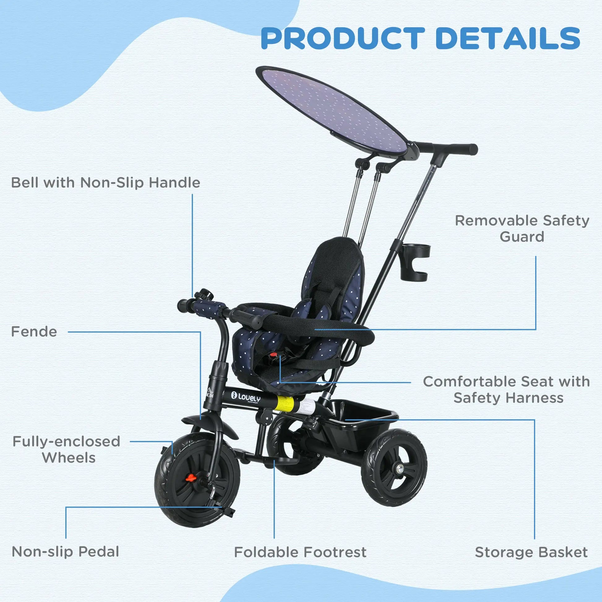 6 in 1 Kids Tricycle, Removable Handlebar, Canopy, Navy Blue Tricycles for Kids at Gallery Canada