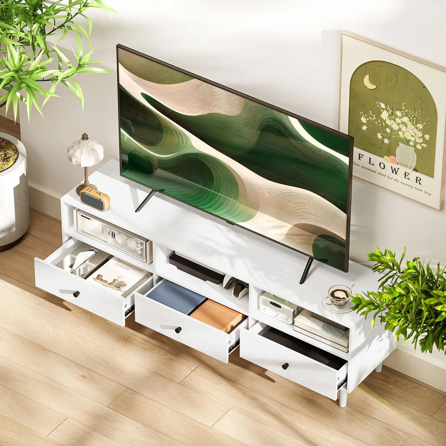 TV Stand for 75 Inches, 3 Storage Shelves, 3 Drawers, White TV Stands at Gallery Canada