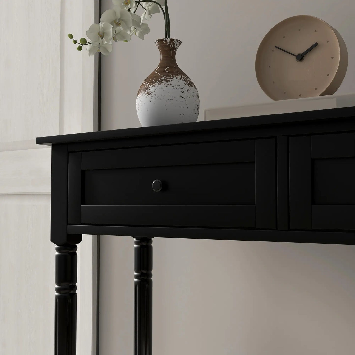 Modern Hallway Console Table, 2 Drawers, Storage Shelf, Turned Legs, Black Console Tables at Gallery Canada