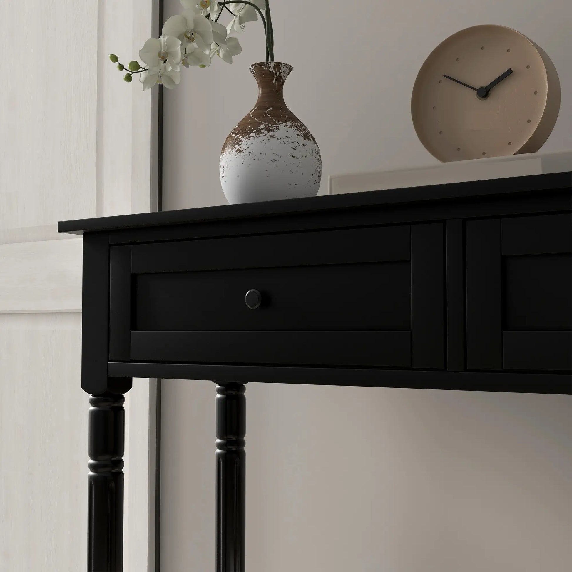 Modern Hallway Console Table, 2 Drawers, Storage Shelf, Turned Legs, Black Console Tables at Gallery Canada