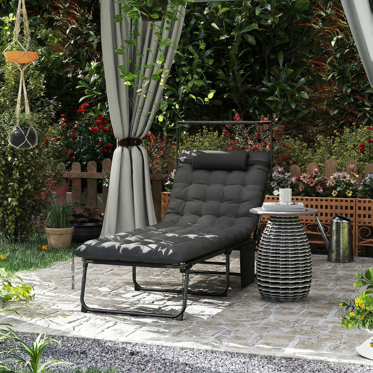 Folding Lounge Chair With Adjustable Canopy, 4-Position Tanning Chair, Dark Grey Lounger Chairs at Gallery Canada
