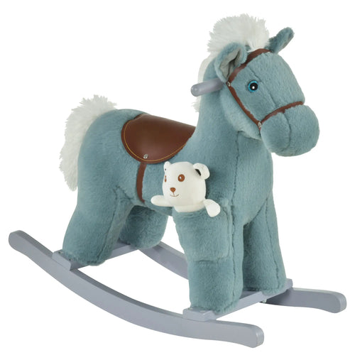 Kids Plush Ride-On Rocking Horse, Soft Bear Toy, Realistic Sounds, Blue
