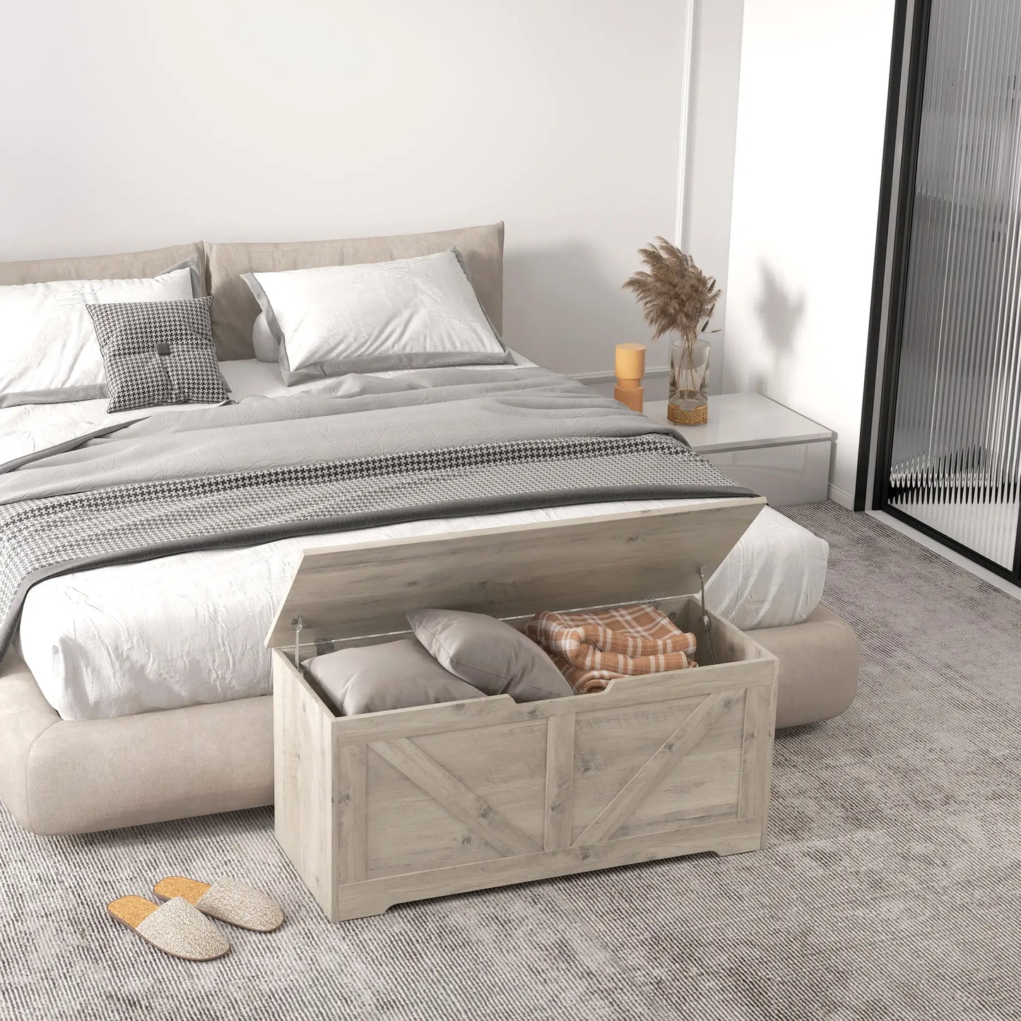 39.4 Inches Storage Chest, Wooden Box with Safety Hinges, Wood Grain, Grey Storage Cabinets at Gallery Canada