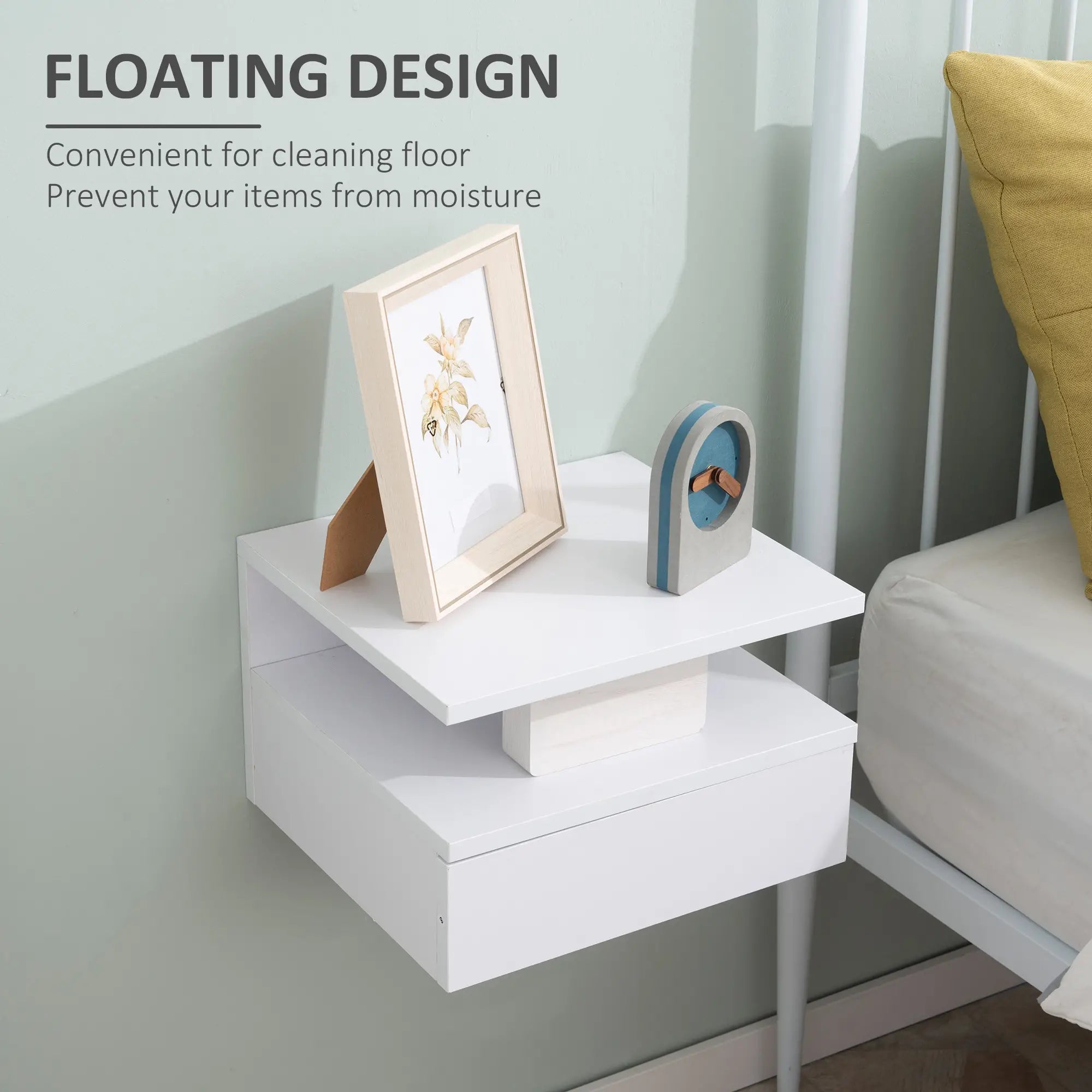 Floating Bedside Tables, Set of 2, Drawer and Open Shelf, White Bedside Tables at Gallery Canada